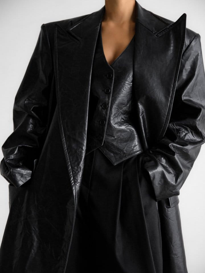Paper Moon - Korean Women Fashion - #vintageinspired - LUX peaked lapel detail vegan washed leather coat - 3