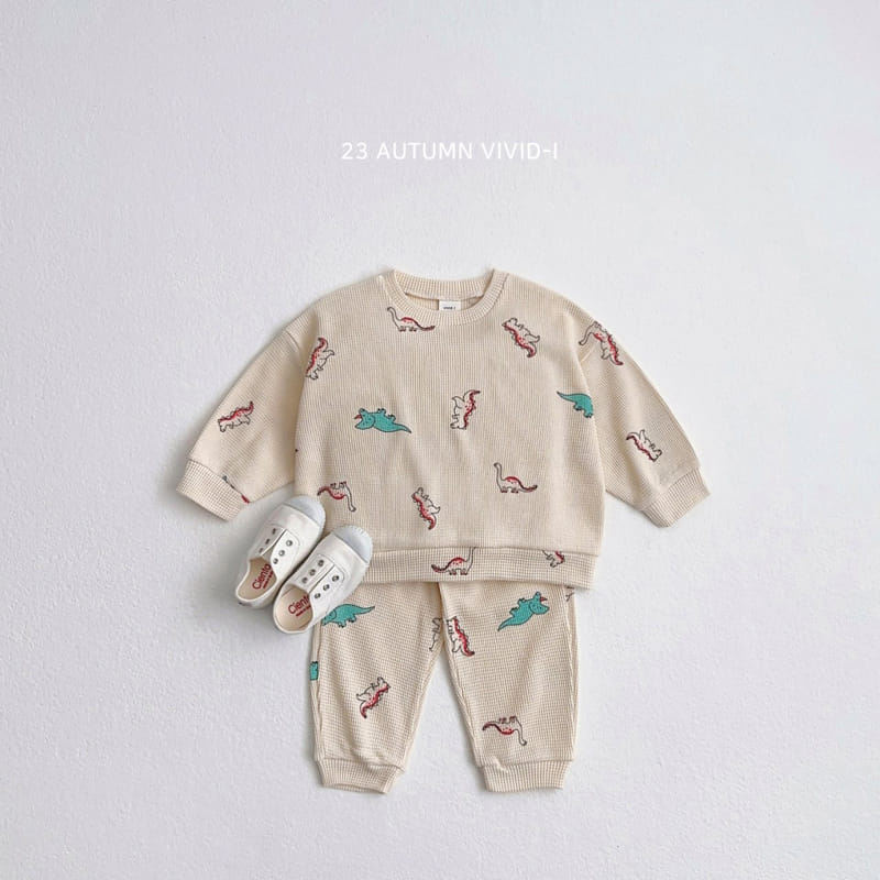 Vivid I - Korean Children Fashion - #toddlerclothing - Dino Waffle Top Bottom Set - 2