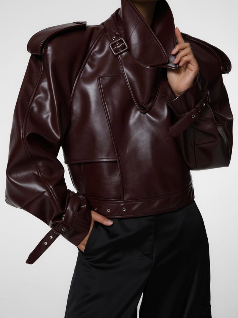 Paper Moon - Korean Women Fashion - #momslook - belted buckle detail chunky cropped leather trench jacket - 5