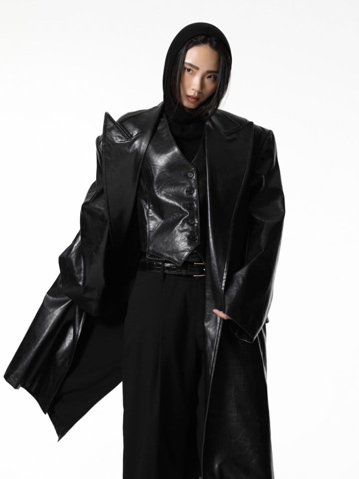 Paper Moon - Korean Women Fashion - #momslook - LUX peaked lapel detail vegan washed leather coat - 2