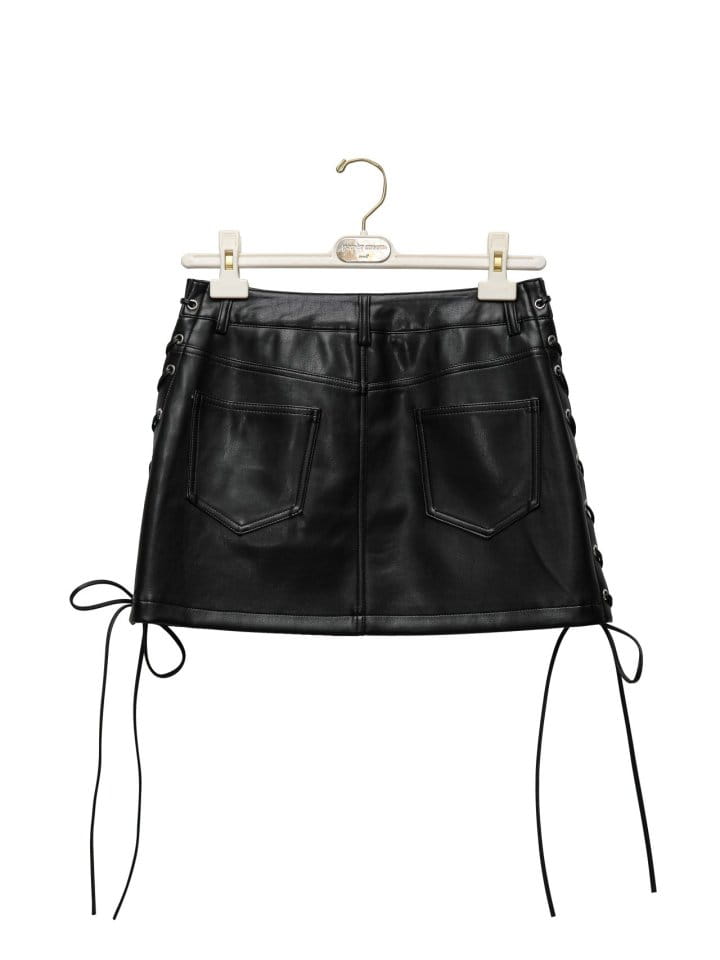 Paper Moon - Korean Women Fashion - #momslook - eyelet strap detail vegan leather mini skirt - 11