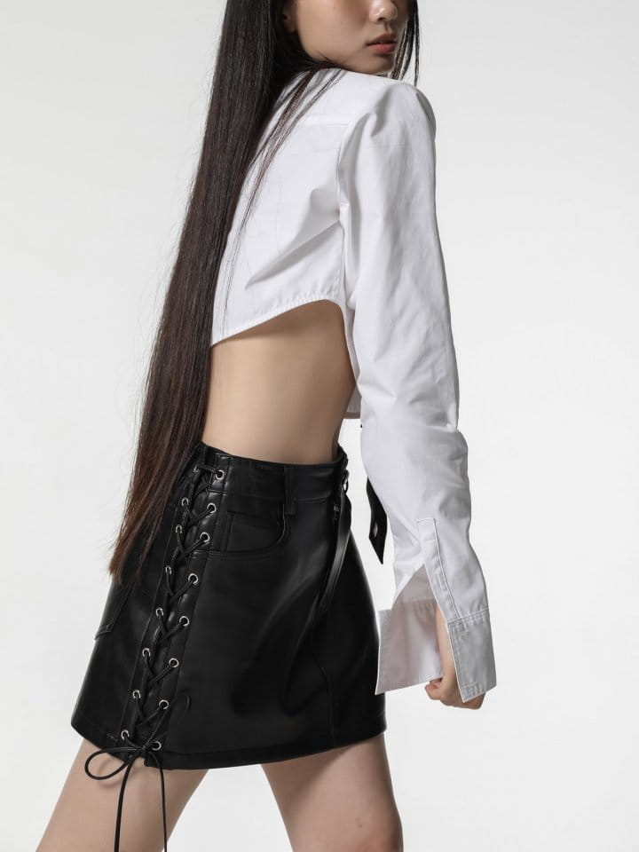 Paper Moon - Korean Women Fashion - #momslook - eyelet strap detail vegan leather mini skirt - 5