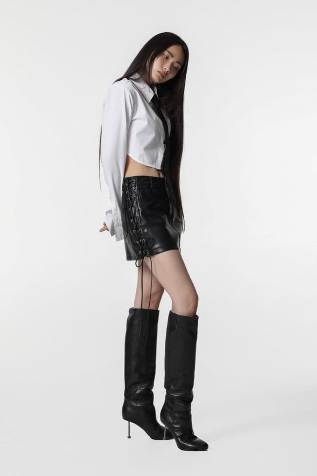 Paper Moon - Korean Women Fashion - #momslook - eyelet strap detail vegan leather mini skirt - 7