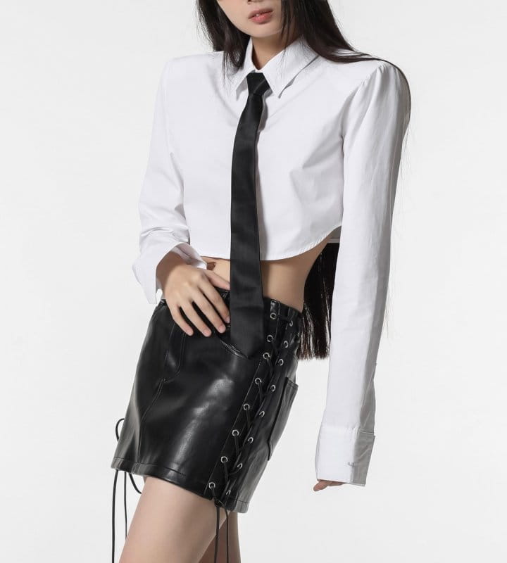 Paper Moon - Korean Women Fashion - #momslook - eyelet strap detail vegan leather mini skirt - 9
