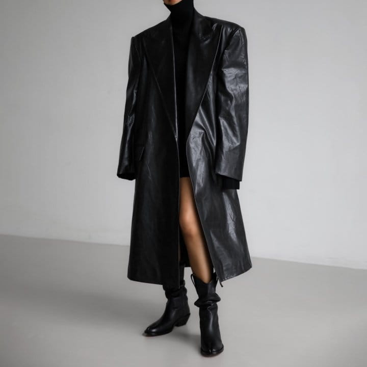 Paper Moon - Korean Women Fashion - #restrostyle - LUX peaked lapel detail vegan washed leather coat - 2