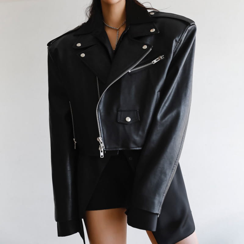 Paper Moon - Korean Women Fashion - #thelittlethings - oversized vegan leather cropped chunky biker jacket - 7