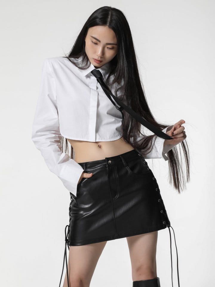 Paper Moon - Korean Women Fashion - #thatsdarling - eyelet strap detail vegan leather mini skirt - 4