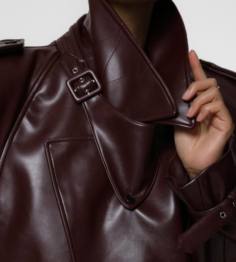Paper Moon - Korean Women Fashion - #womensfashion - belted buckle detail chunky cropped leather trench jacket - 8