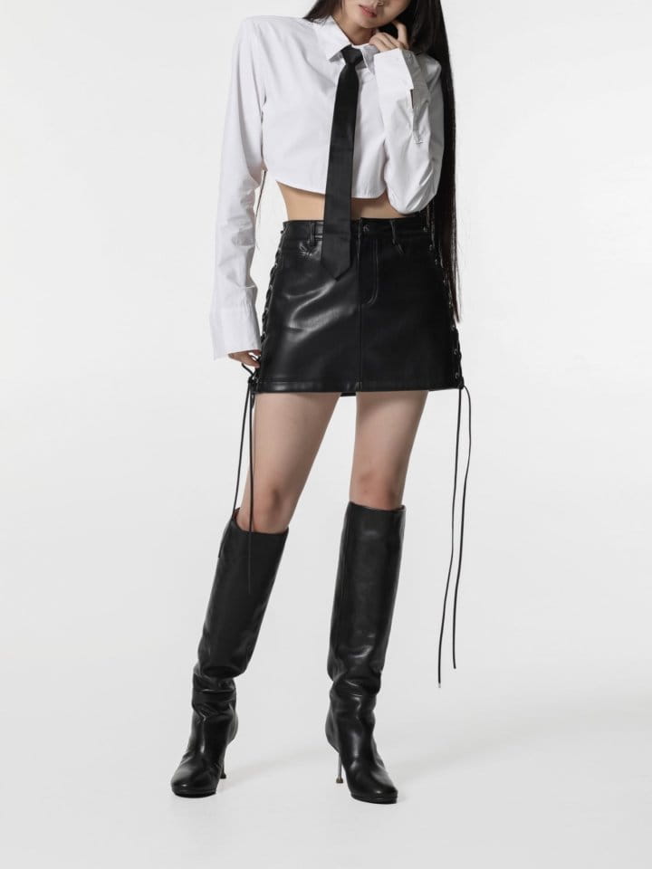 Paper Moon - Korean Women Fashion - #womensfashion - eyelet strap detail vegan leather mini skirt - 8