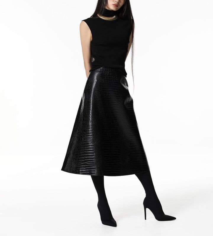 Paper Moon - Korean Women Fashion - #womensfashion - croco leather midi flared skirt   - 2