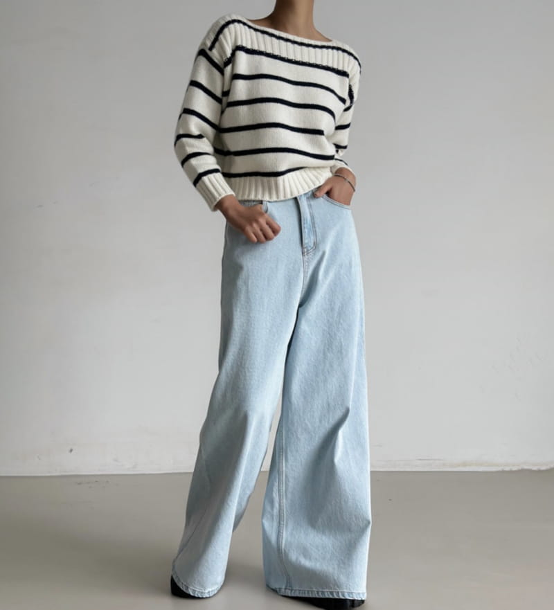 Paper Moon - Korean Women Fashion - #momslook - boatneck striped cashmere knit top - 11