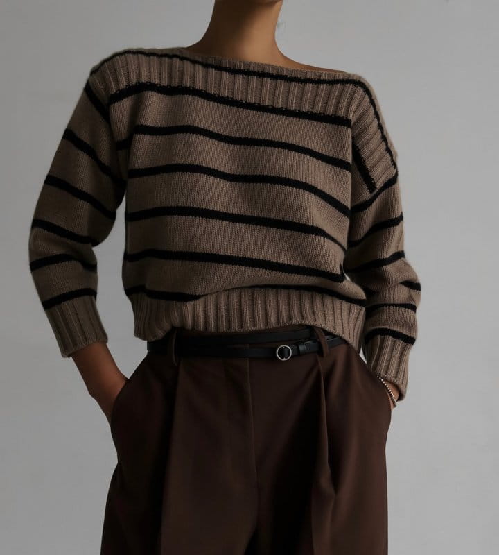 Paper Moon - Korean Women Fashion - #momslook - boatneck striped cashmere knit top - 7