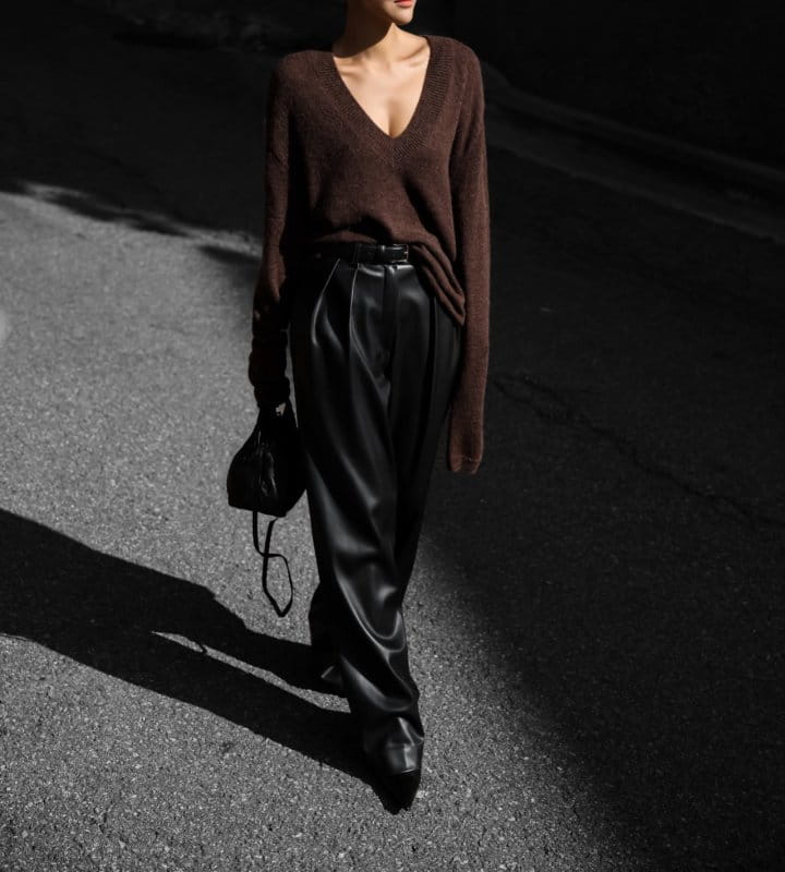 Paper Moon - Korean Women Fashion - #momslook - leather low waisted double pleats wide trousers
