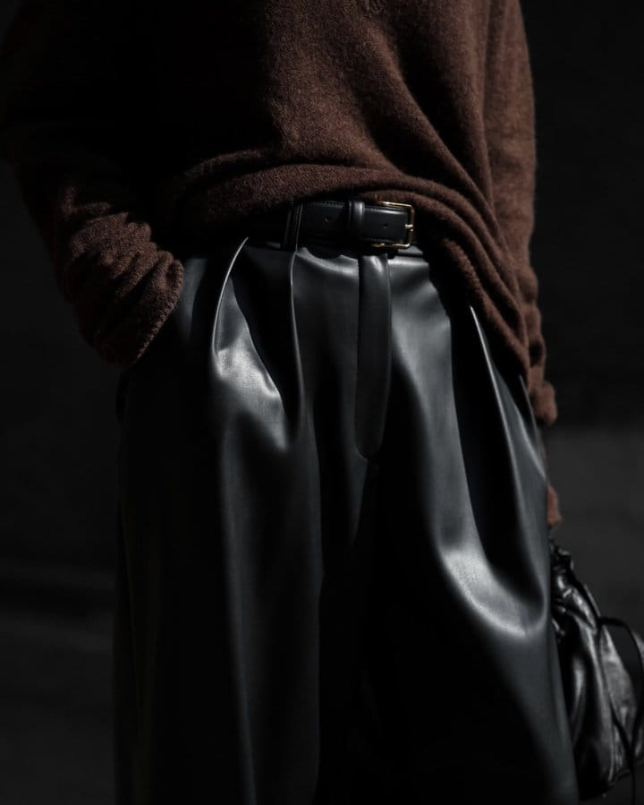Paper Moon - Korean Women Fashion - #momslook - leather low waisted double pleats wide trousers - 3