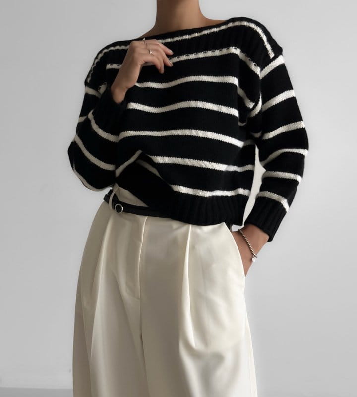 Paper Moon - Korean Women Fashion - #romanticstyle - boatneck striped cashmere knit top - 3