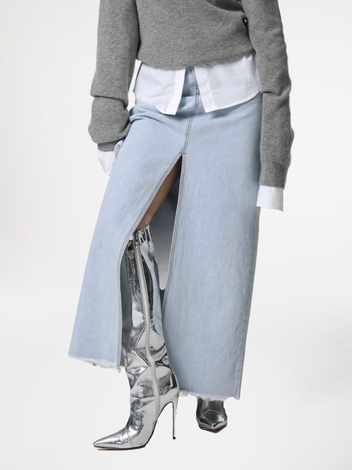 Paper Moon - Korean Women Fashion - #womensfashion - iced blue maxi front slit flared denim skirt