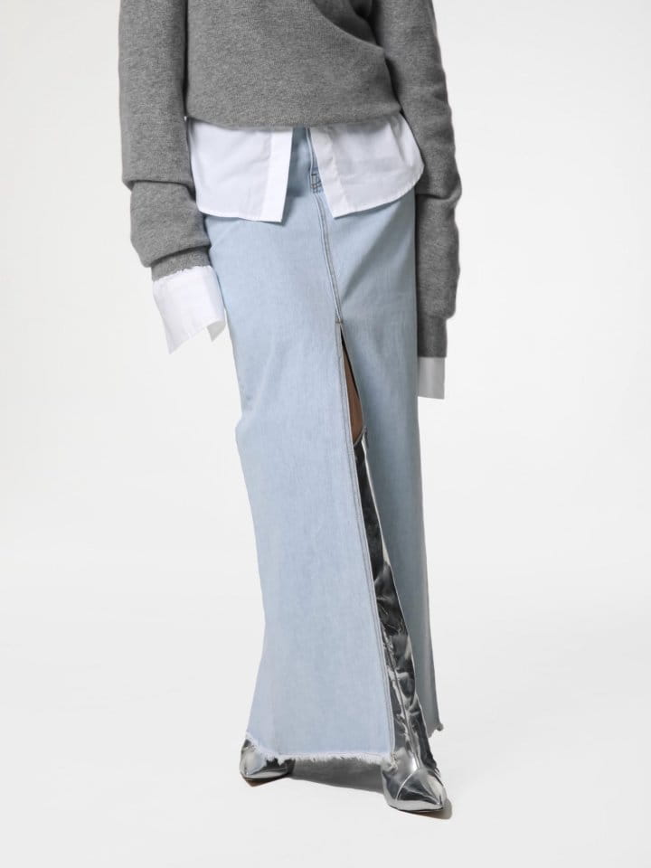 Paper Moon - Korean Women Fashion - #womensfashion - iced blue maxi front slit flared denim skirt - 3