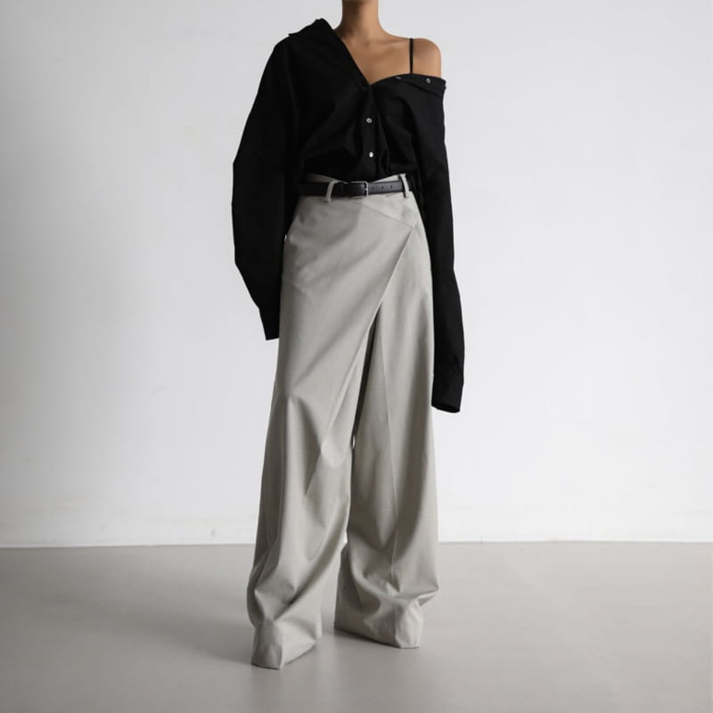 Paper Moon - Korean Women Fashion - #womensfashion - asymmetry pin tuck wide maxi trousers - 6