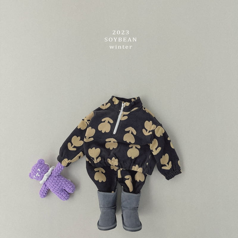Soybean - Korean Children Fashion - #kidsstore - Fleece Flower Half Zip-up Top Bottom Set - 2
