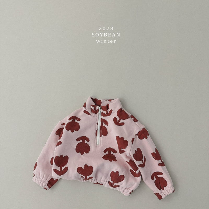 Soybean - Korean Children Fashion - #prettylittlegirls - Fleece Flower Half Zip-up Top Bottom Set - 8