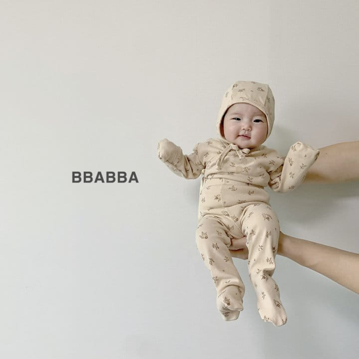 Bbabba - Korean Baby Fashion - #babyoninstagram - Brown Flower Benet Bodysuit Leggings Bonnet Sety - 5