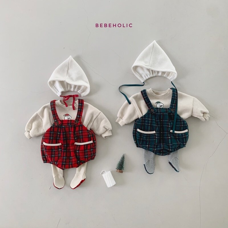 Bebe Holic - Korean Baby Fashion - #babyclothing - Check Dungarees Bonnet Set