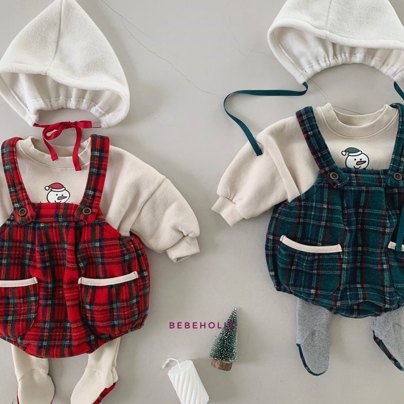 Bebe Holic - Korean Baby Fashion - #babyfashion - Check Dungarees Bonnet Set - 2