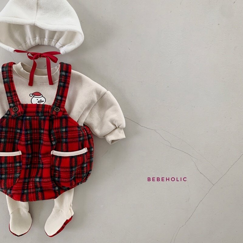 Bebe Holic - Korean Baby Fashion - #babyfever - Check Dungarees Bonnet Set - 4