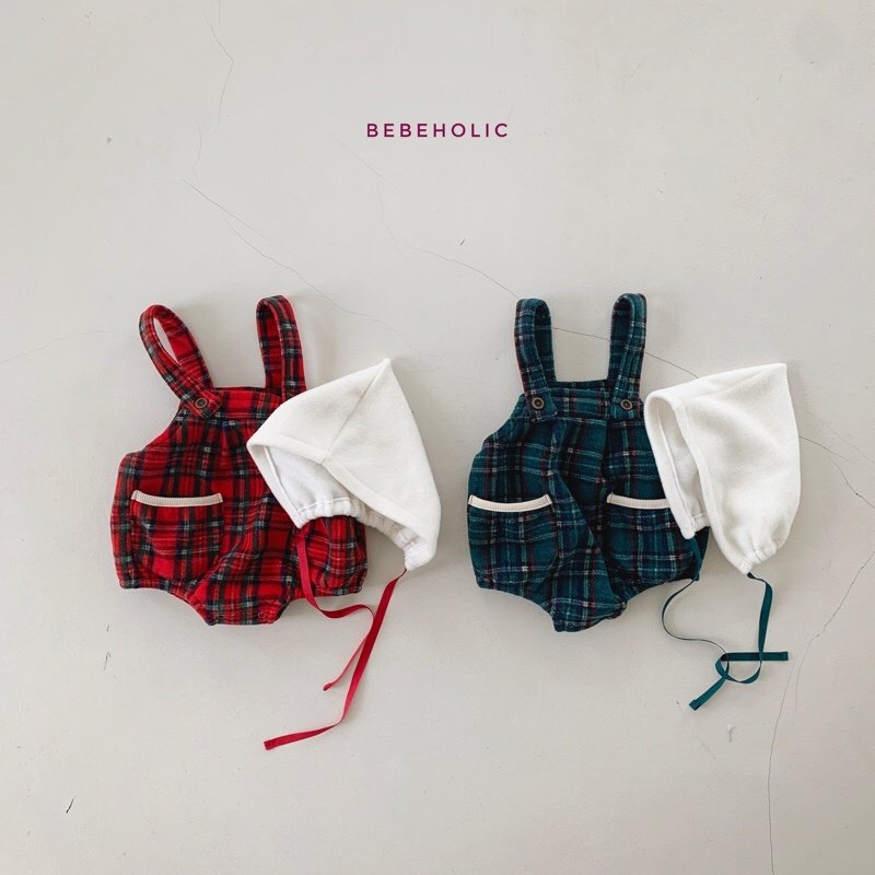 Bebe Holic - Korean Baby Fashion - #babyootd - Check Dungarees Bonnet Set - 7