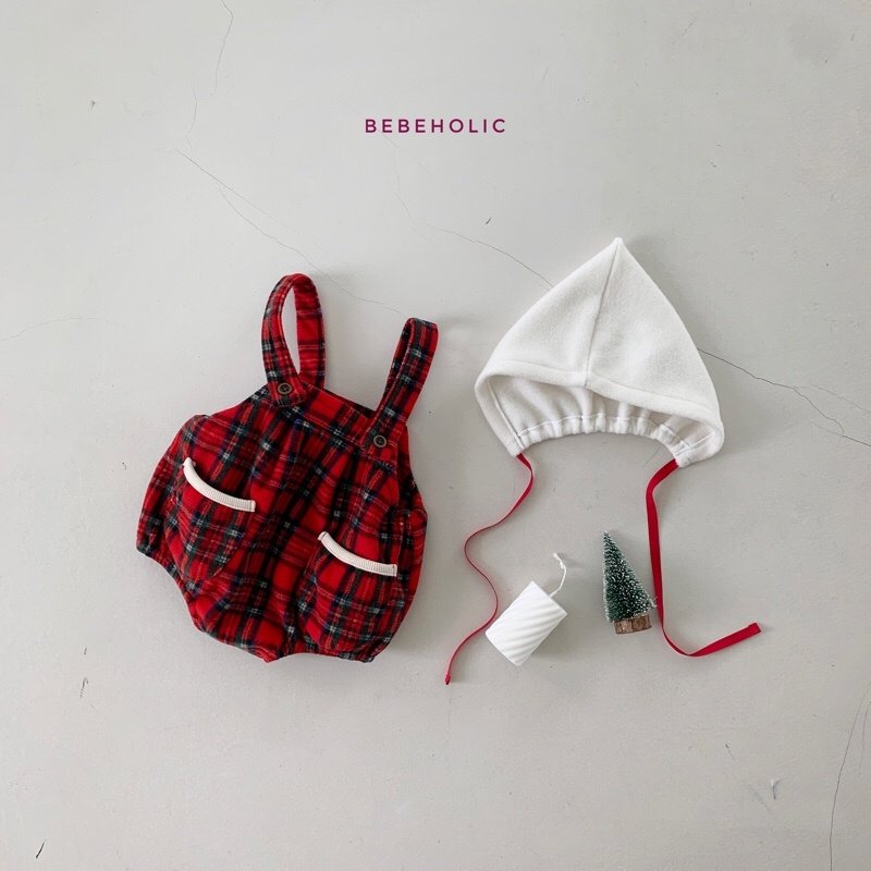 Bebe Holic - Korean Baby Fashion - #babyoutfit - Check Dungarees Bonnet Set - 9
