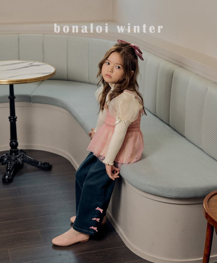 Bonaloi - Korean Children Fashion - #kidzfashiontrend - Denim Ribbon Pants - 4