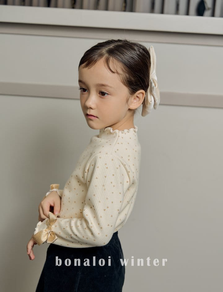 Bonaloi - Korean Children Fashion - #prettylittlegirls - Gold Sleeves Ribbon Tee