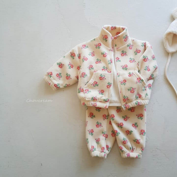 Choucream - Korean Baby Fashion - #babyootd - Flower Fleece Zip-up Set - 2