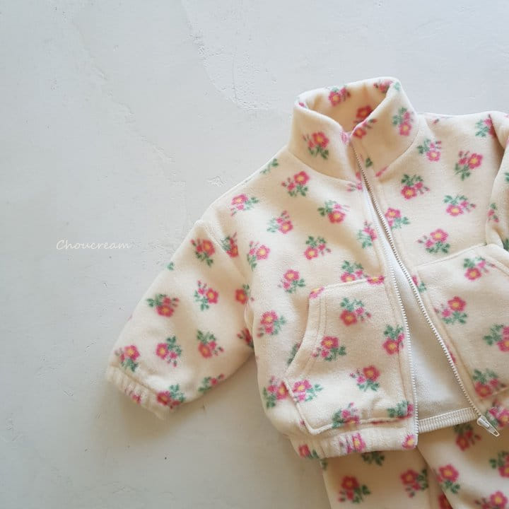 Choucream - Korean Baby Fashion - #babyoutfit - Flower Fleece Zip-up Set - 3