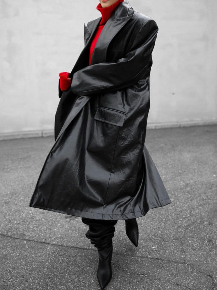 Paper Moon - Korean Women Fashion - #momslook - LUX peaked lapel detail vegan washed leather coat - 8