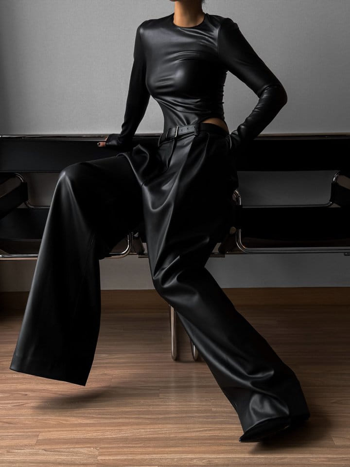 Paper Moon - Korean Women Fashion - #momslook - vegan leather long sleeved bodysuit