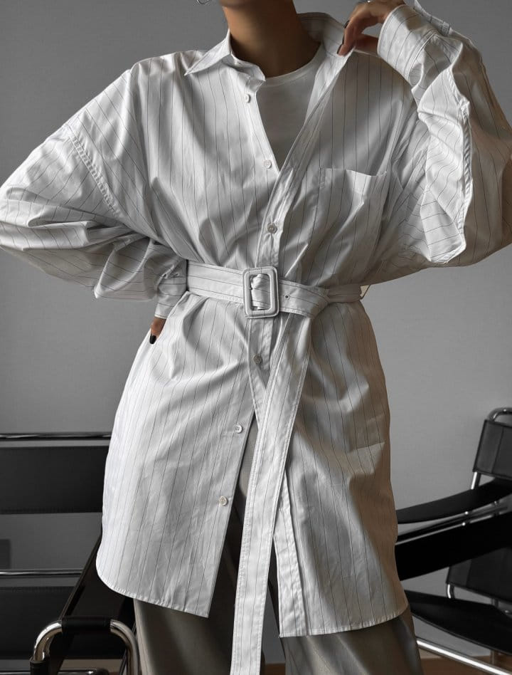 Paper Moon - Korean Women Fashion - #momslook - striped pattern belted button down shirt - 3