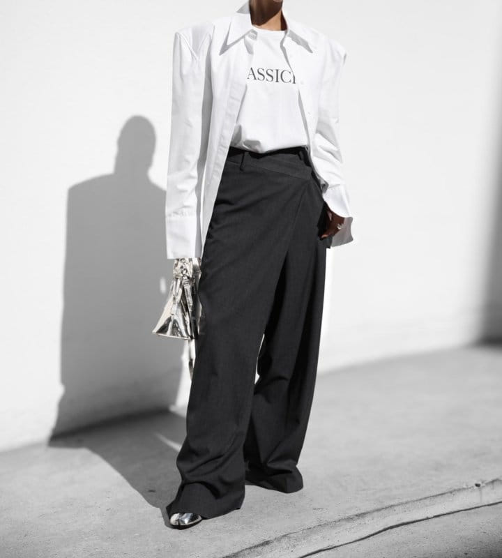 Paper Moon - Korean Women Fashion - #momslook - asymmetry pin tuck wide maxi trousers - 2