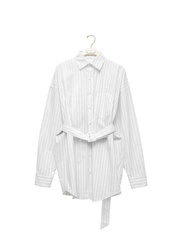 Paper Moon - Korean Women Fashion - #romanticstyle - striped pattern belted button down shirt - 5