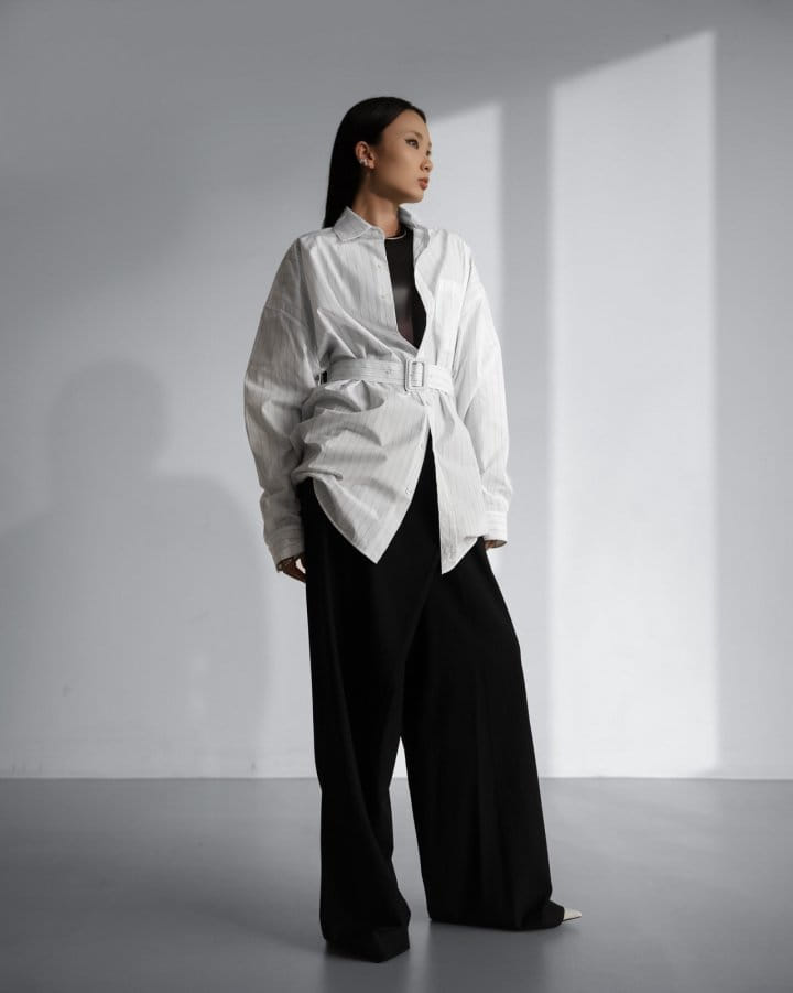 Paper Moon - Korean Women Fashion - #vintageinspired - striped pattern belted button down shirt