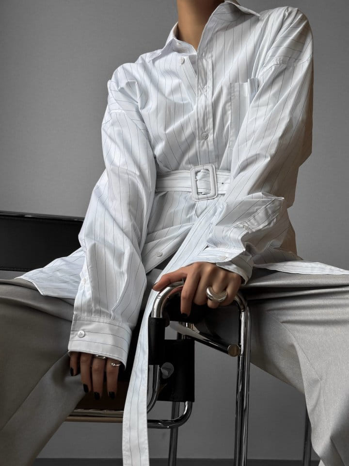 Paper Moon - Korean Women Fashion - #momslook - striped pattern belted button down shirt - 4