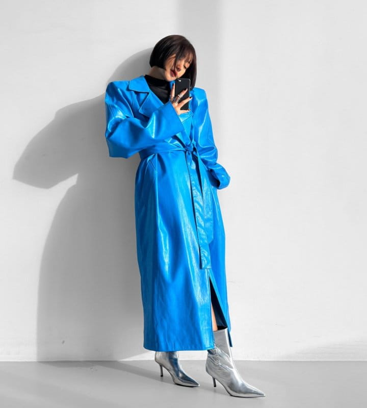 Paper Moon - Korean Women Fashion - #momslook - padded shoulder oversized vegan leather maxi trench coat