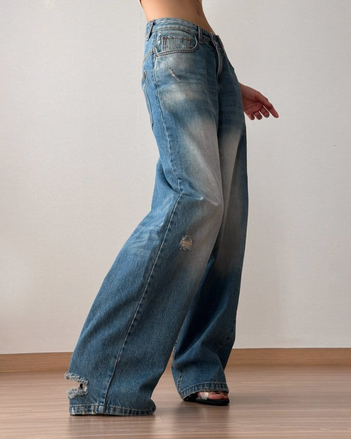 Paper Moon - Korean Women Fashion - #momslook - vintage blue distressed damage wash wide-leg jeans - 6