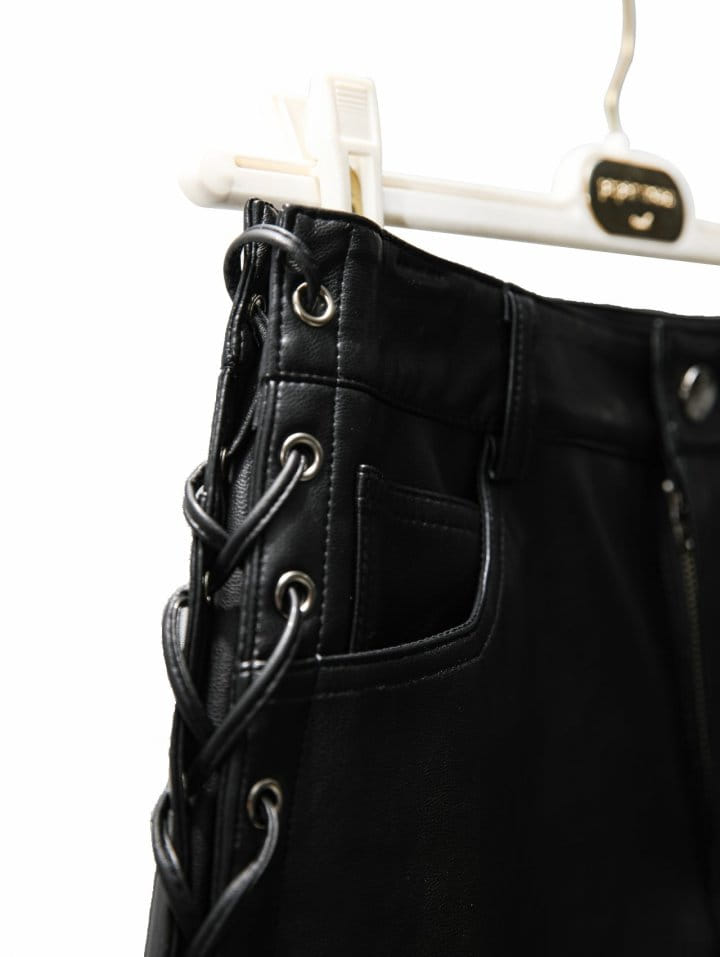 Paper Moon - Korean Women Fashion - #momslook - eyelet strap detail vegan leather mini skirt - 5