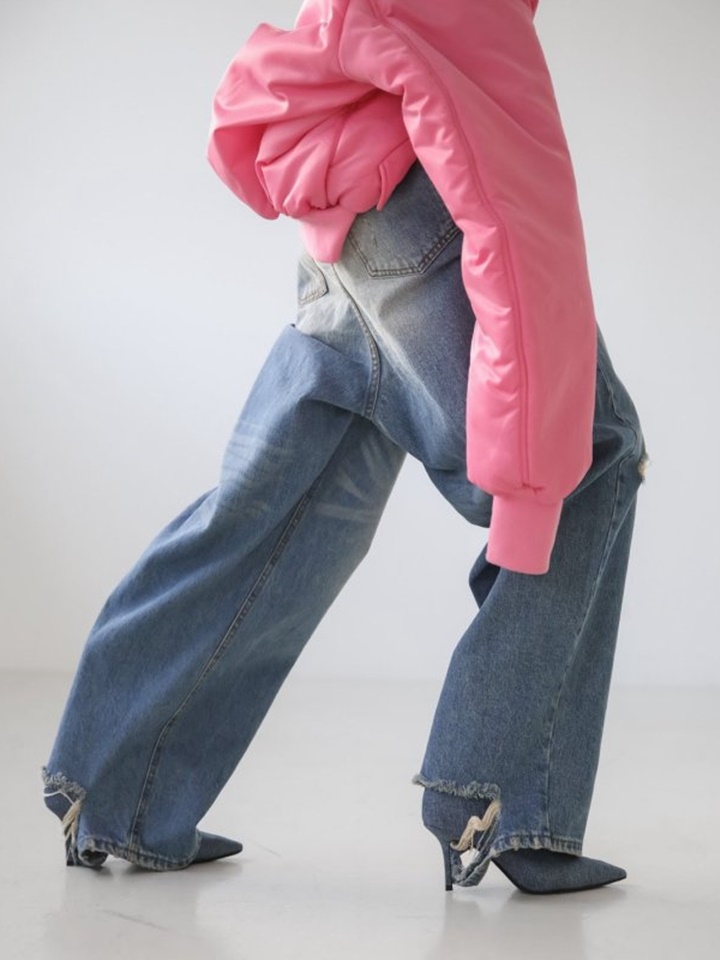 Vintage Blue Distressed Damage Wash Wide-Leg Jeans - KKAMI