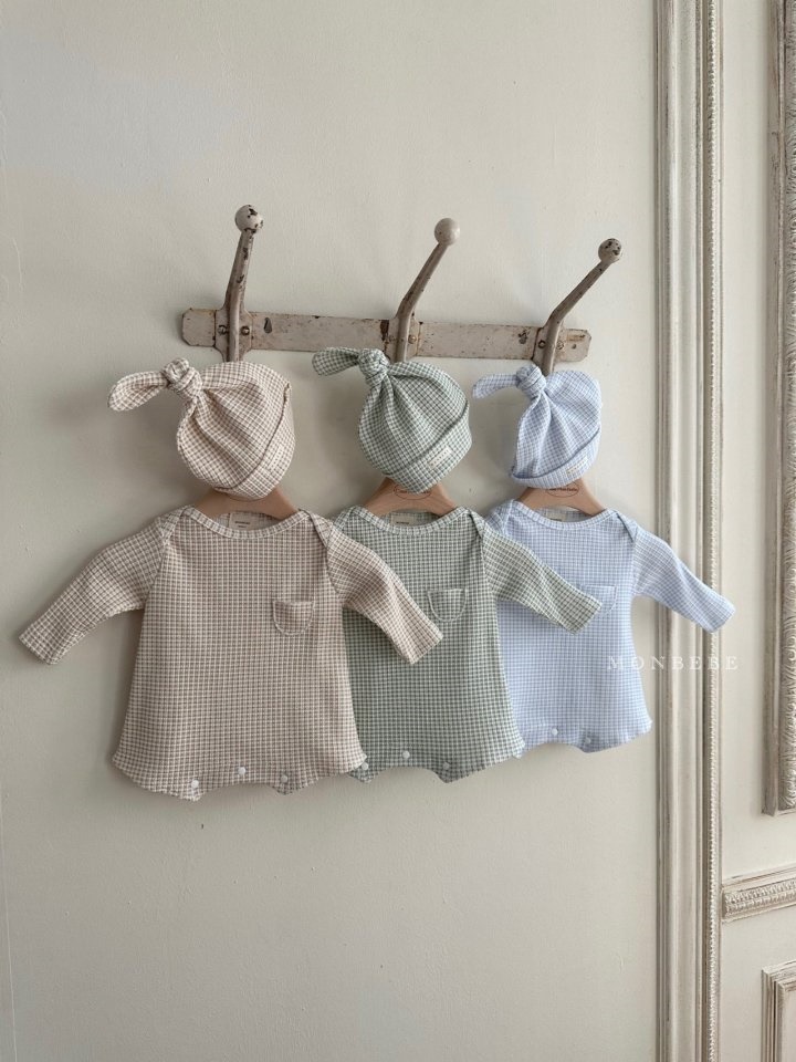 Check Waffle Body Suit Bonnet Set