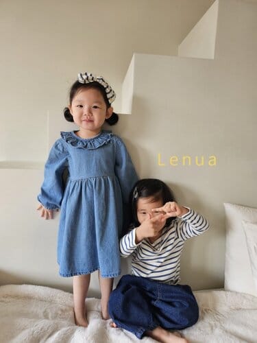 Lenua - Korean Children Fashion - #magicofchildhood - Neck Frill Denim One-Piece - 4