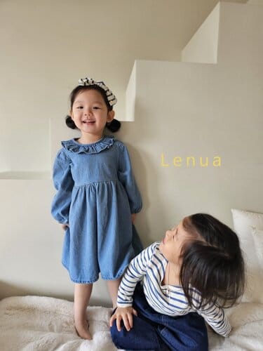 Lenua - Korean Children Fashion - #prettylittlegirls - Neck Frill Denim One-Piece - 5