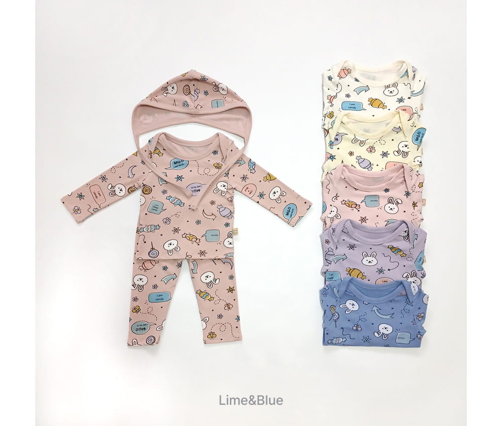 Lime & Blue - Korean Baby Fashion - #babyoutfit - Candy Rabbit Baby Top Bottom Set