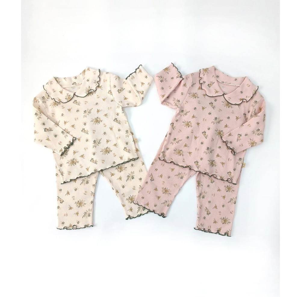 Lime & Blue - Korean Children Fashion - #kidzfashiontrend - Croiffle Flower Top Bottom Set - 6